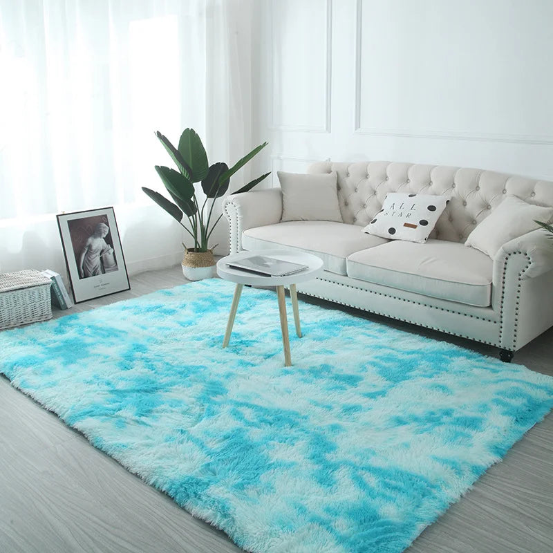 VIKAMA blue Tie dye gradient silk plush carpet, living room coffee table mat, bedroom bedside solid color long plush carpet