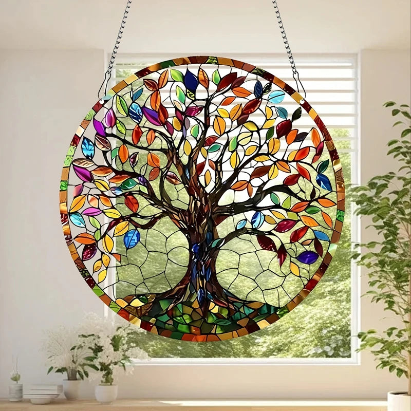 Tree of Life Acrylic Suncatcher Round Sign for Home Garden Decorative Stained Window Hanging Pendant Wall Art Ornament Plate
