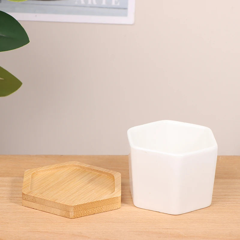 Ceramic Flowerpot White Hexagon Ceramic Pot With Tray European Flowerpot Simple Succulent Plant Container Small Bonsai Pots
