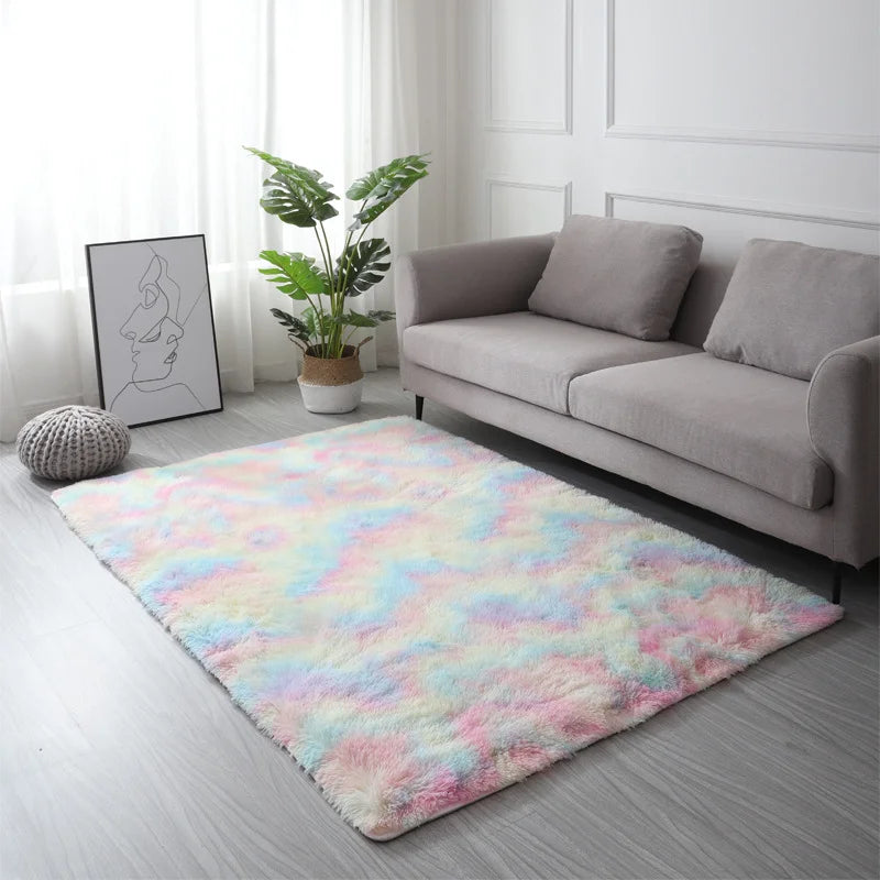 VIKAMA blue Tie dye gradient silk plush carpet, living room coffee table mat, bedroom bedside solid color long plush carpet