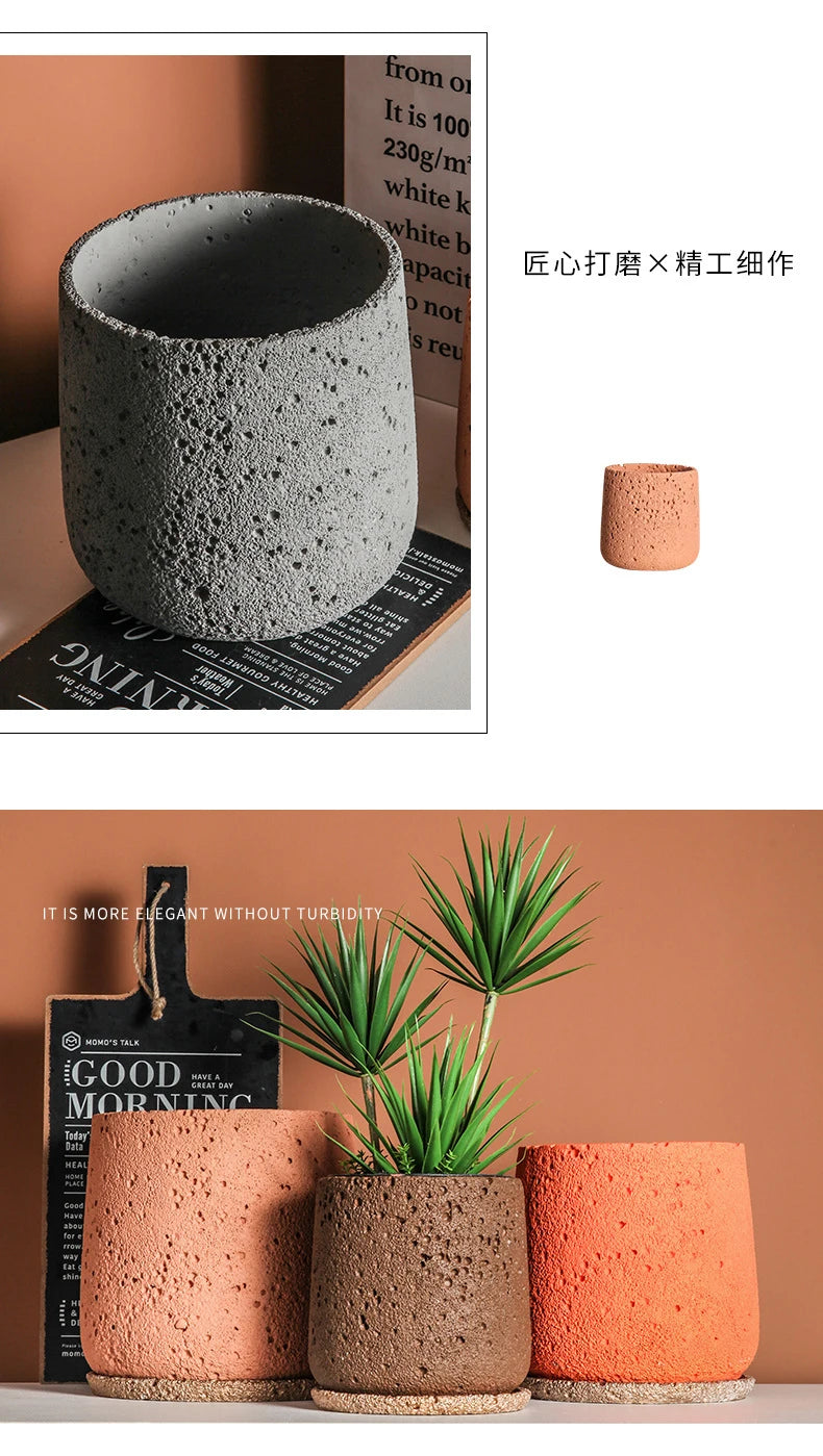 Nordic Cement Flower Pot Decoration Creative Mountain Stone Breathable Green Plant Potted with Tray Flowerpot Decoration
