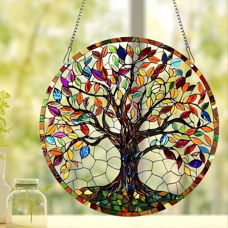 Tree of Life Acrylic Suncatcher Round Sign for Home Garden Decorative Stained Window Hanging Pendant Wall Art Ornament Plate