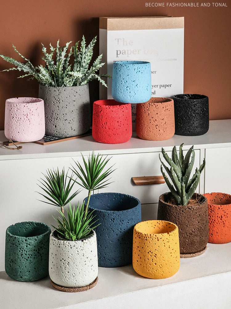 Nordic Cement Flower Pot Decoration Creative Mountain Stone Breathable Green Plant Potted with Tray Flowerpot Decoration