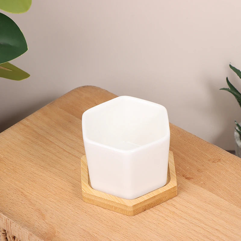Ceramic Flowerpot White Hexagon Ceramic Pot With Tray European Flowerpot Simple Succulent Plant Container Small Bonsai Pots