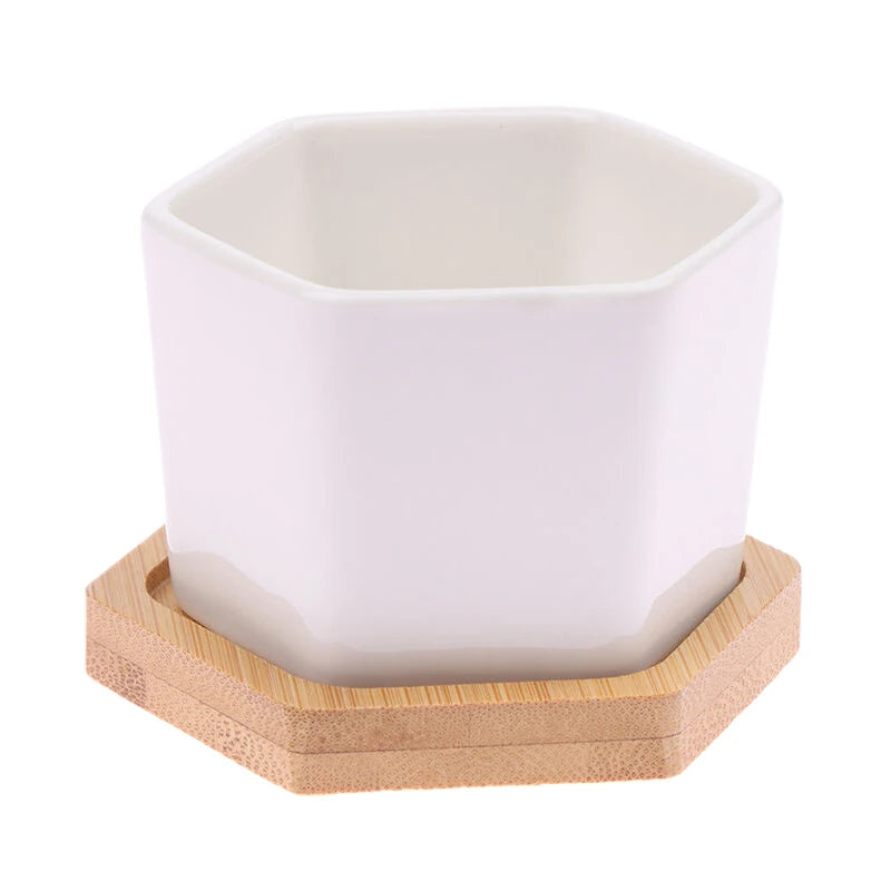 Ceramic Flowerpot White Hexagon Ceramic Pot With Tray European Flowerpot Simple Succulent Plant Container Small Bonsai Pots